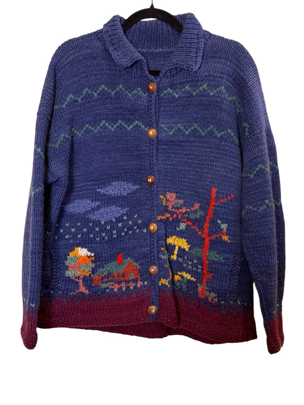 Handmade Vintage 80’s/90’s Wool Folk Art Cottagecore Scenic Button-Up Cardigan